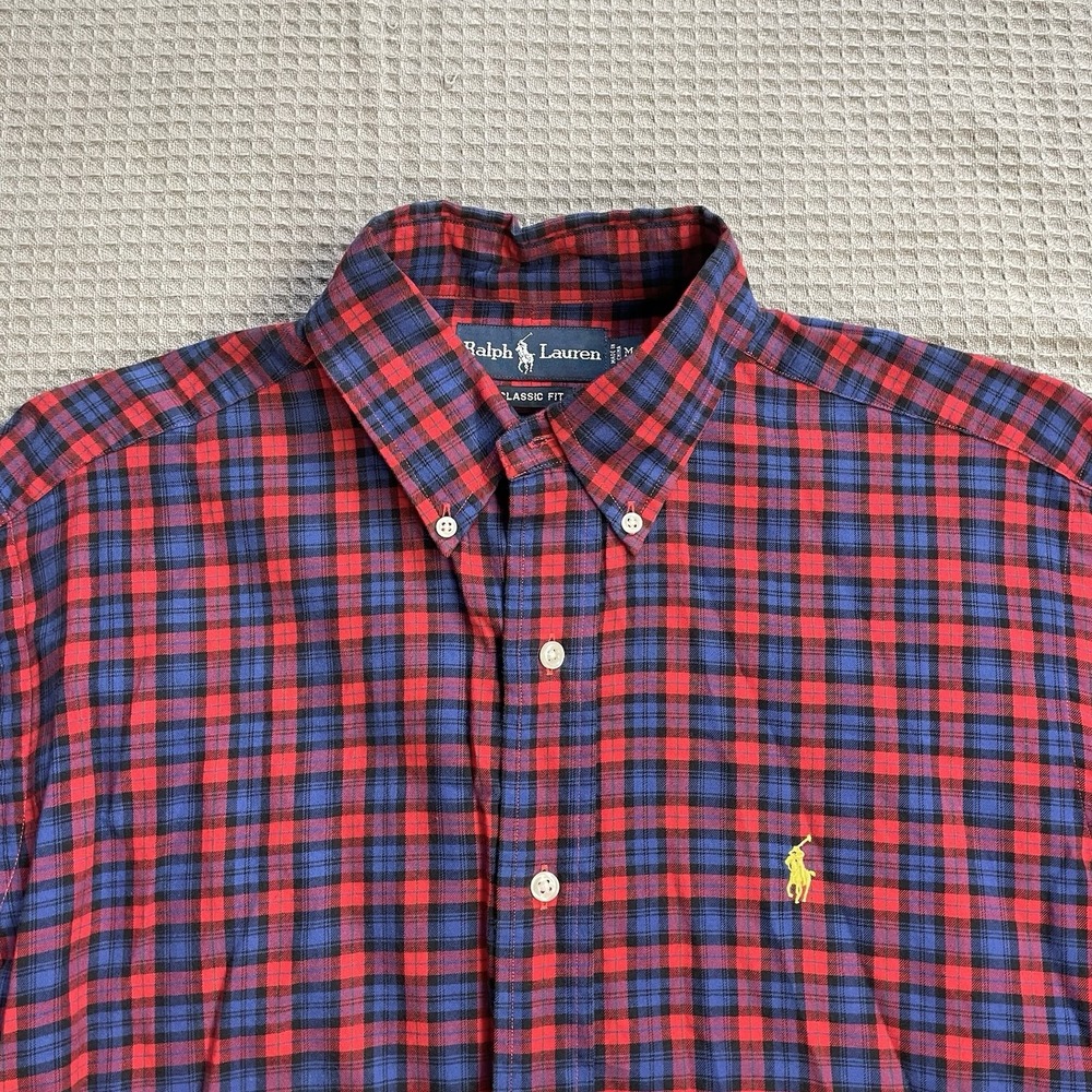 Ralph Lauren Classic Fit Shirt Medium Men's Red Blue Plaid Pony Curve Hem